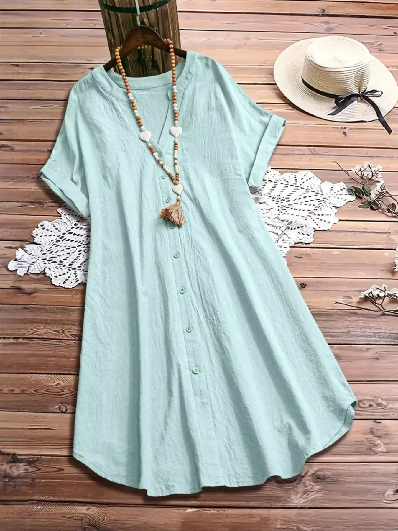 Plus Size Casual Button-Down Short Sleeve Dress - Makw Official Site