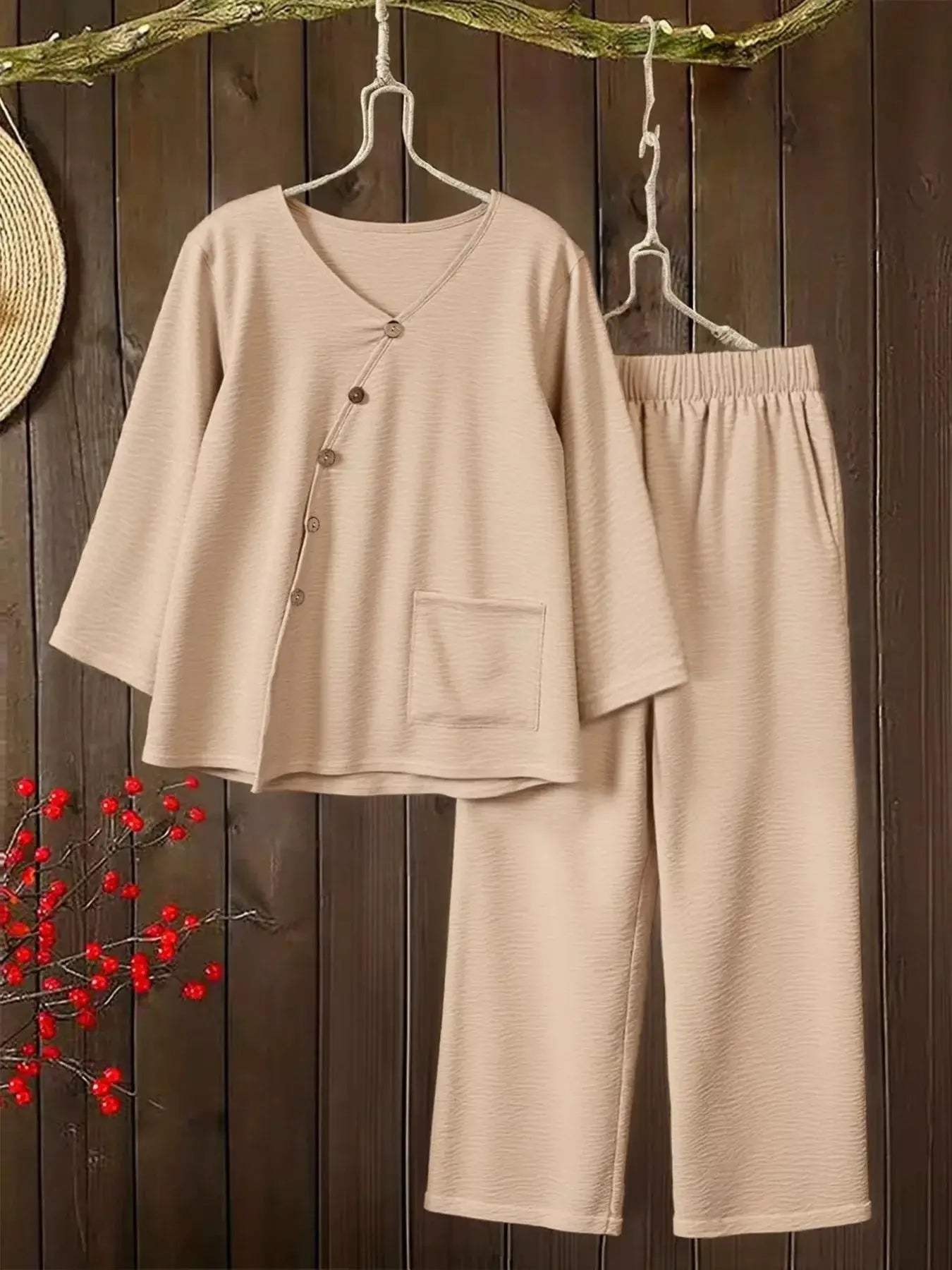 Plus Size V-Neck Long Sleeve Top and Pants Set - Makw Official Site