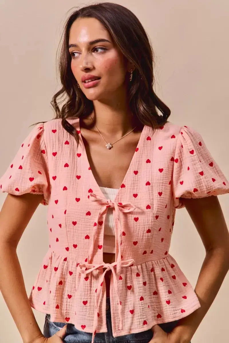 SO ME All Over Heart Ribbon Tie Baby Doll Valentine Blouse - Makw Official Site