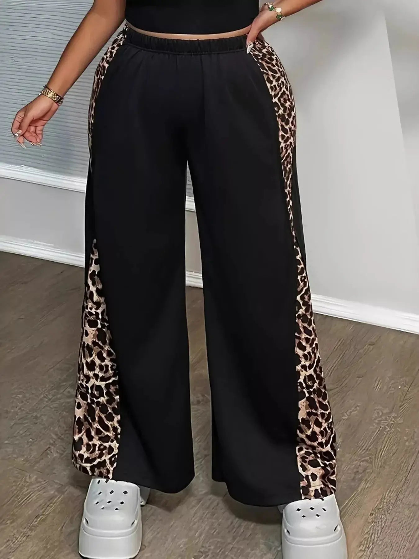 Plus Size Leopard Print Wide Leg Pants - Makw Official Site