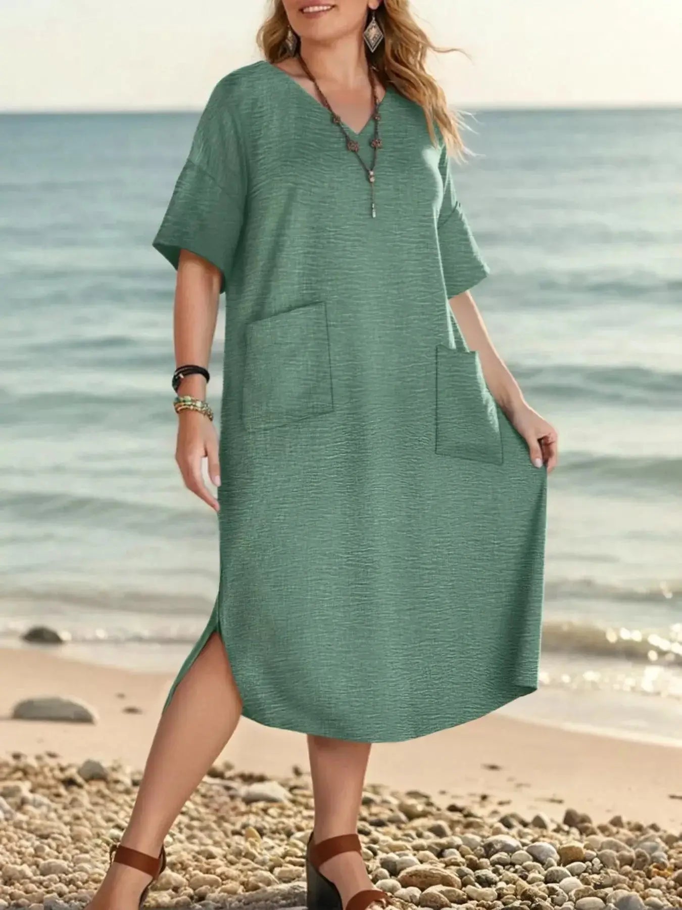 Plus Size V-Neck Half Sleeve Dress - Makw Official Site