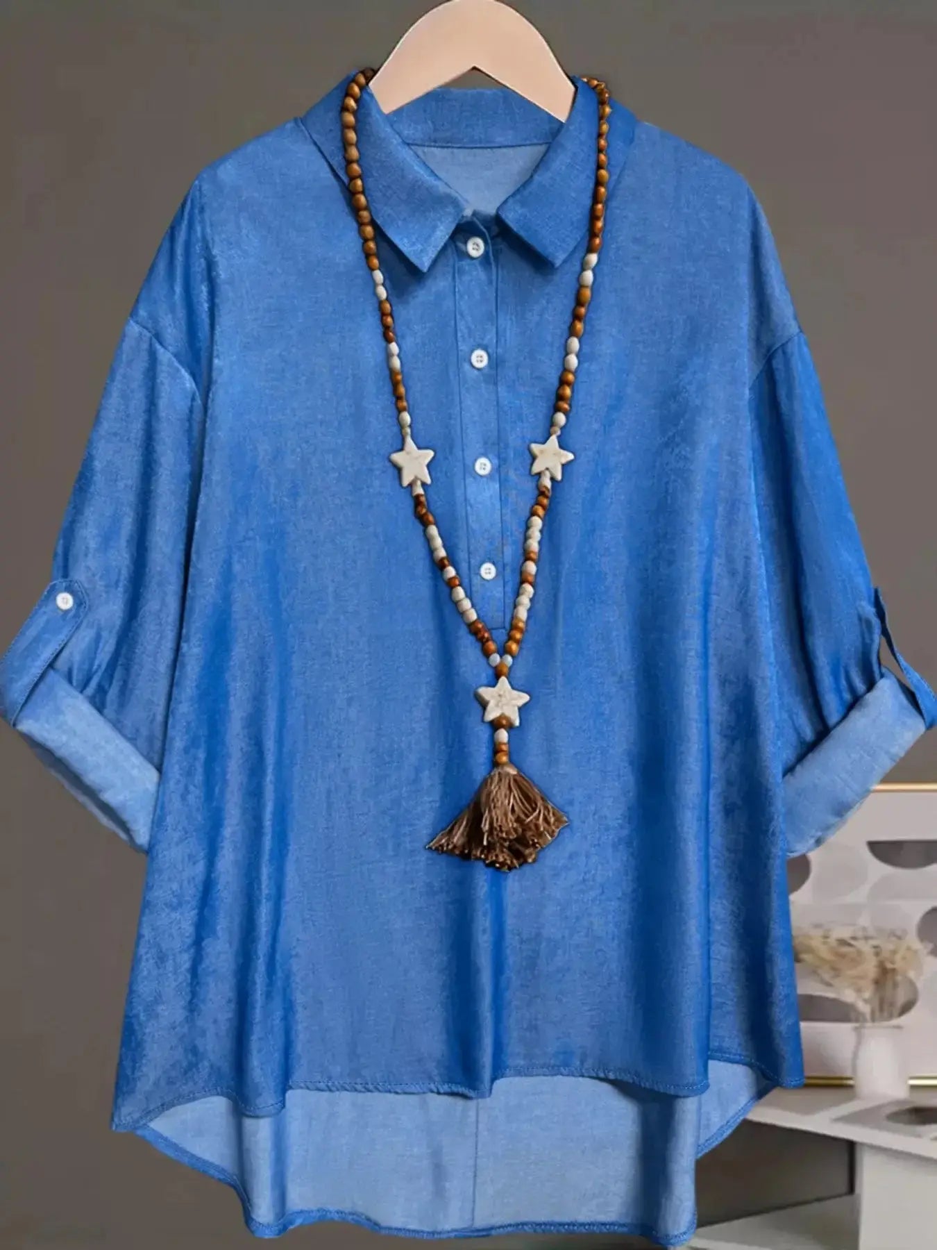 Plus Size Collared Neck Half Button Blouse - Makw Official Site