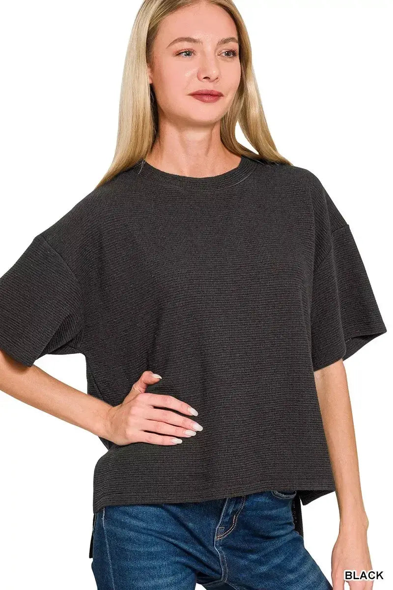 Zenana Full Size Double Knit Side Slits Hi Low Short Sleeve Top Plus Size - Makw Official Site