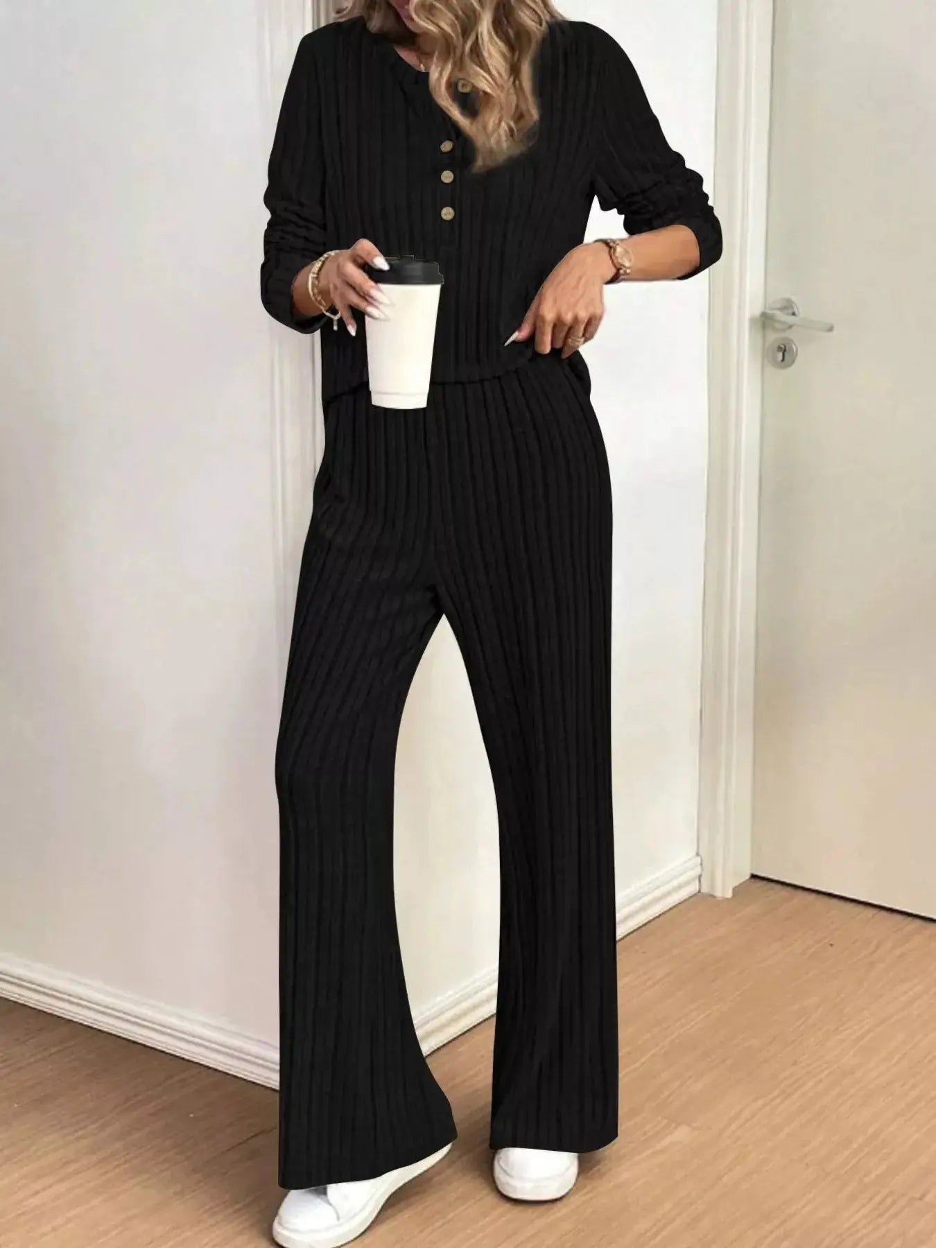 Plus Size Ribbed Knit Button-Front Top and Pants Set - Makw Official Site