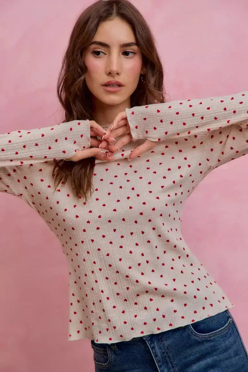 SO ME Ditsy Heart All Over Slub Rib Knit Valentine Top - Makw Official Site