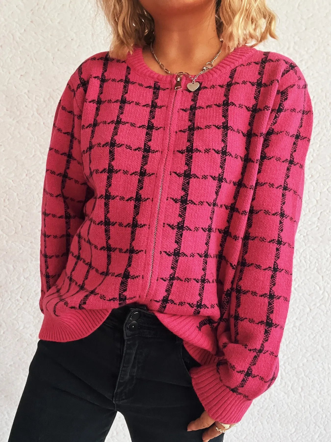 Plaid Pattern Zip Up Cardigan - Makw Official Site