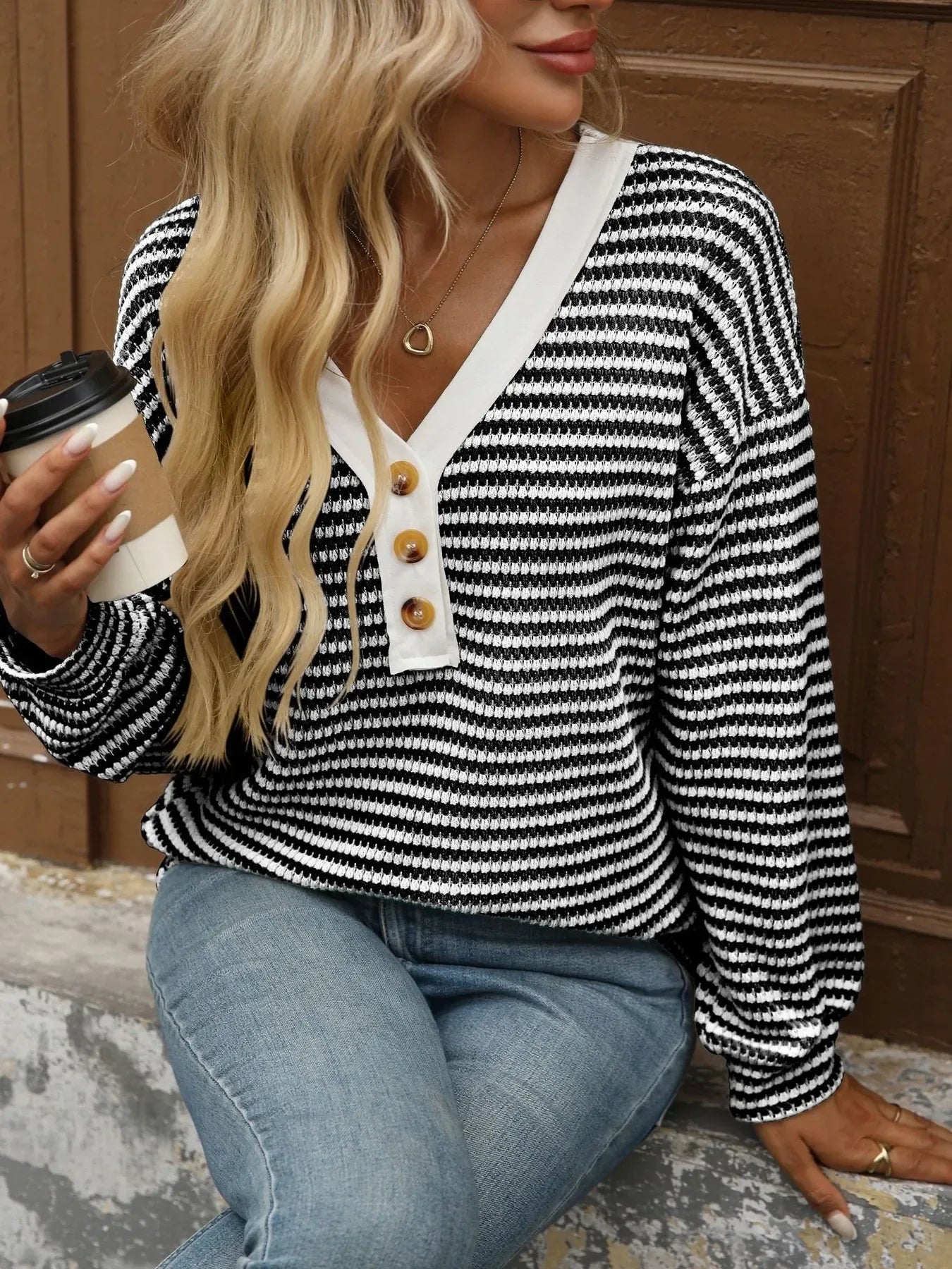 Striped V-Neck Button Front Casual Top - Makw Official Site