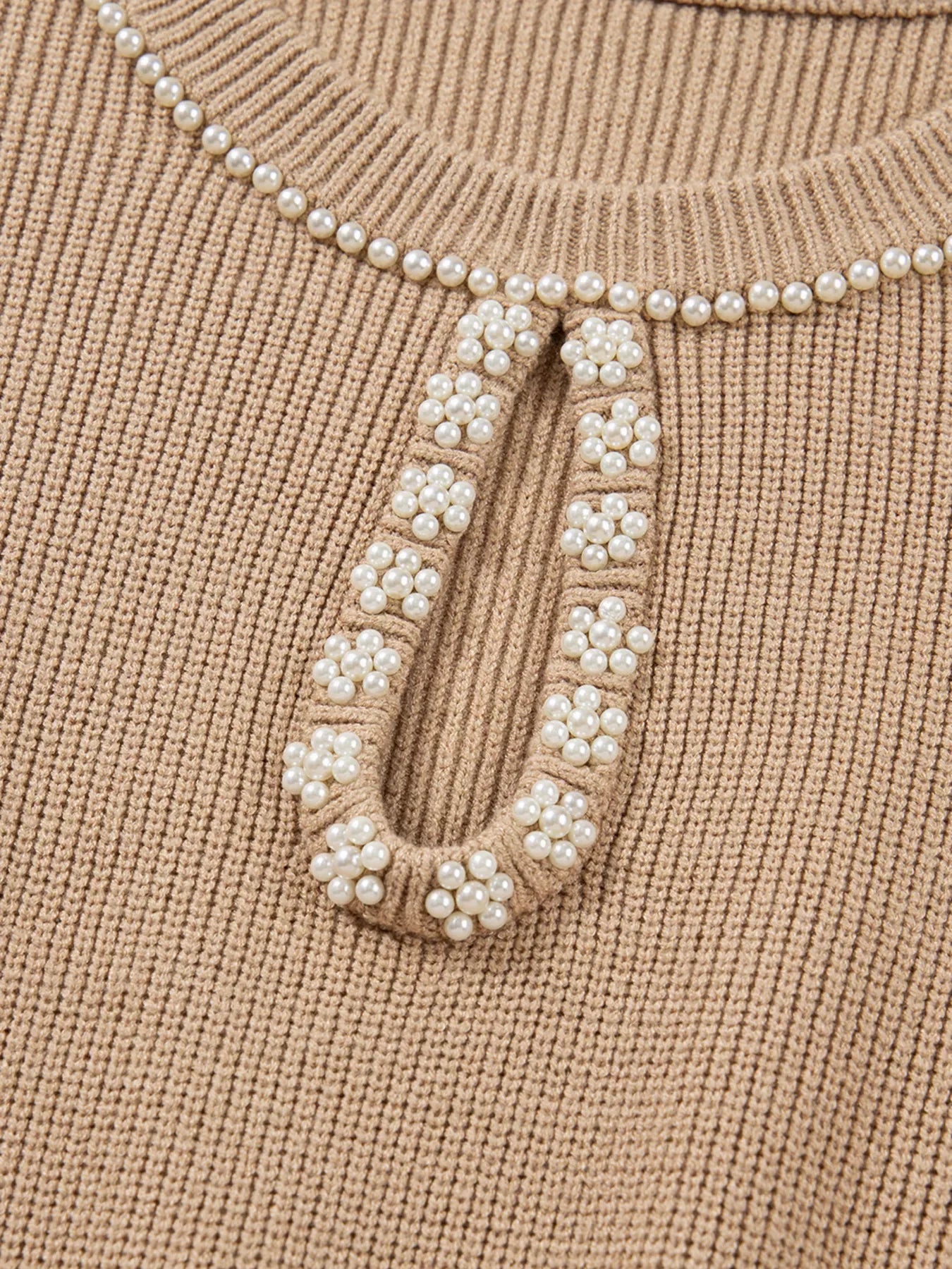 Pearl Embellished Keyhole Ribbed Sweater Dress - Makw Official Site