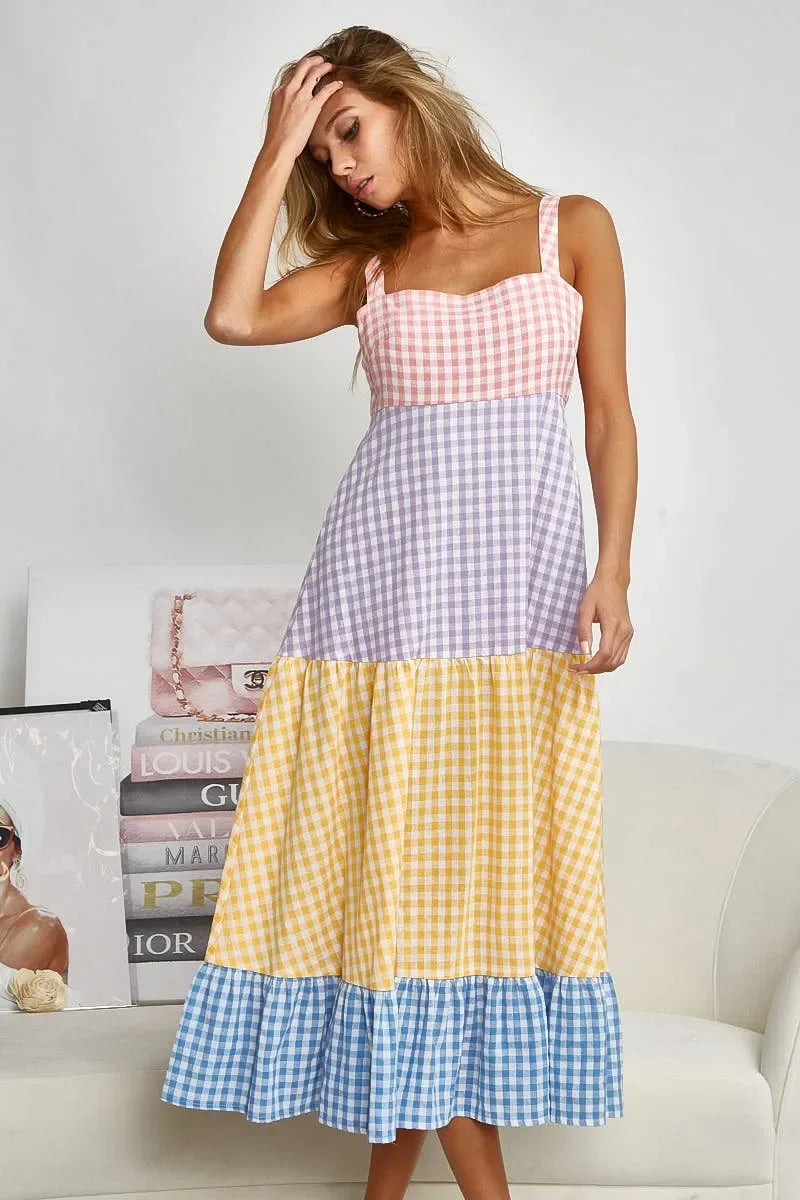 BiBi Color Block Tiered Gingham Dress - Makw Official Site