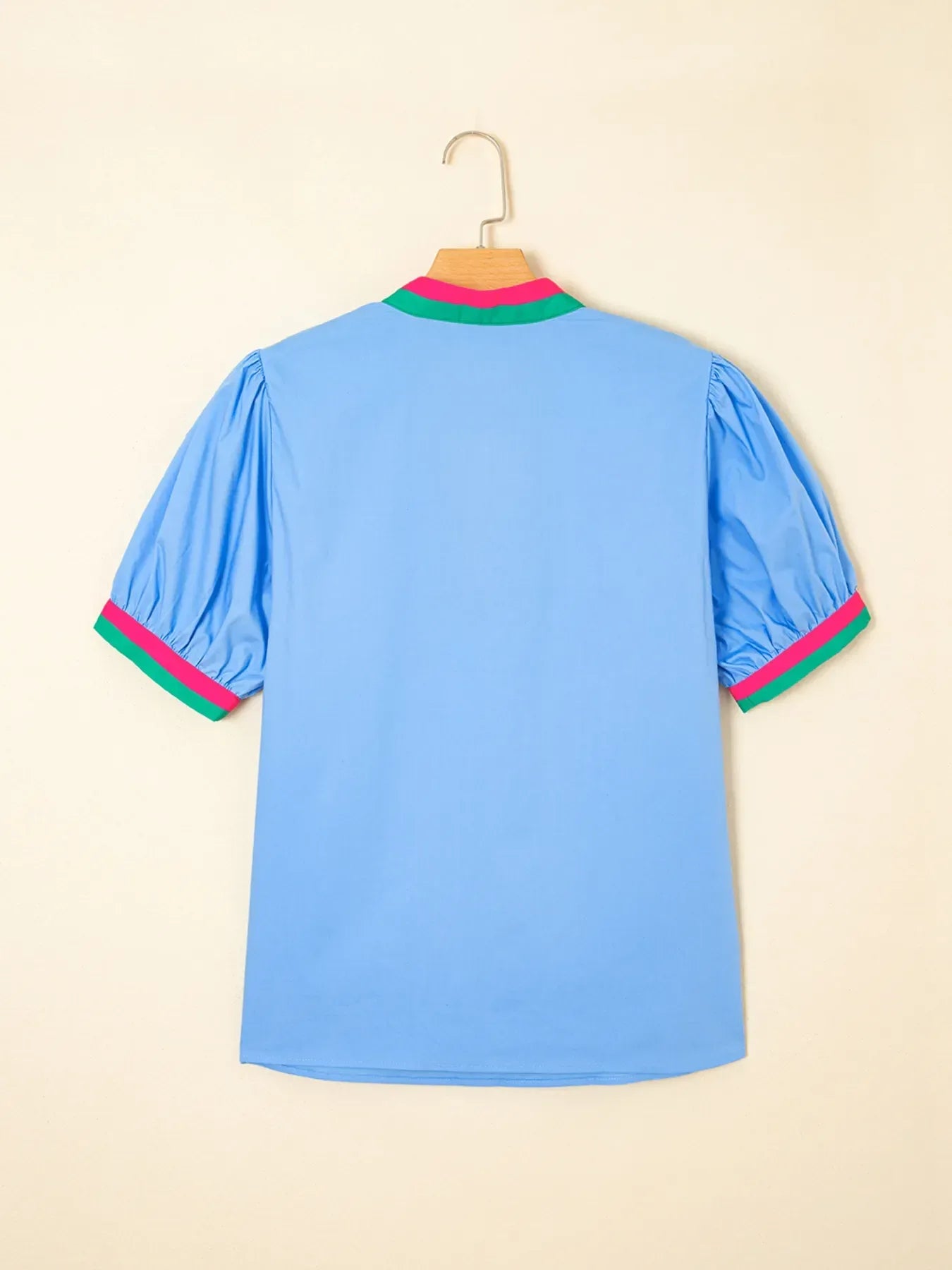 Contrast Trim Notched Short Sleeve Blouse - Makw Official Site