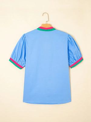 Contrast Trim Notched Short Sleeve Blouse - Makw Official Site