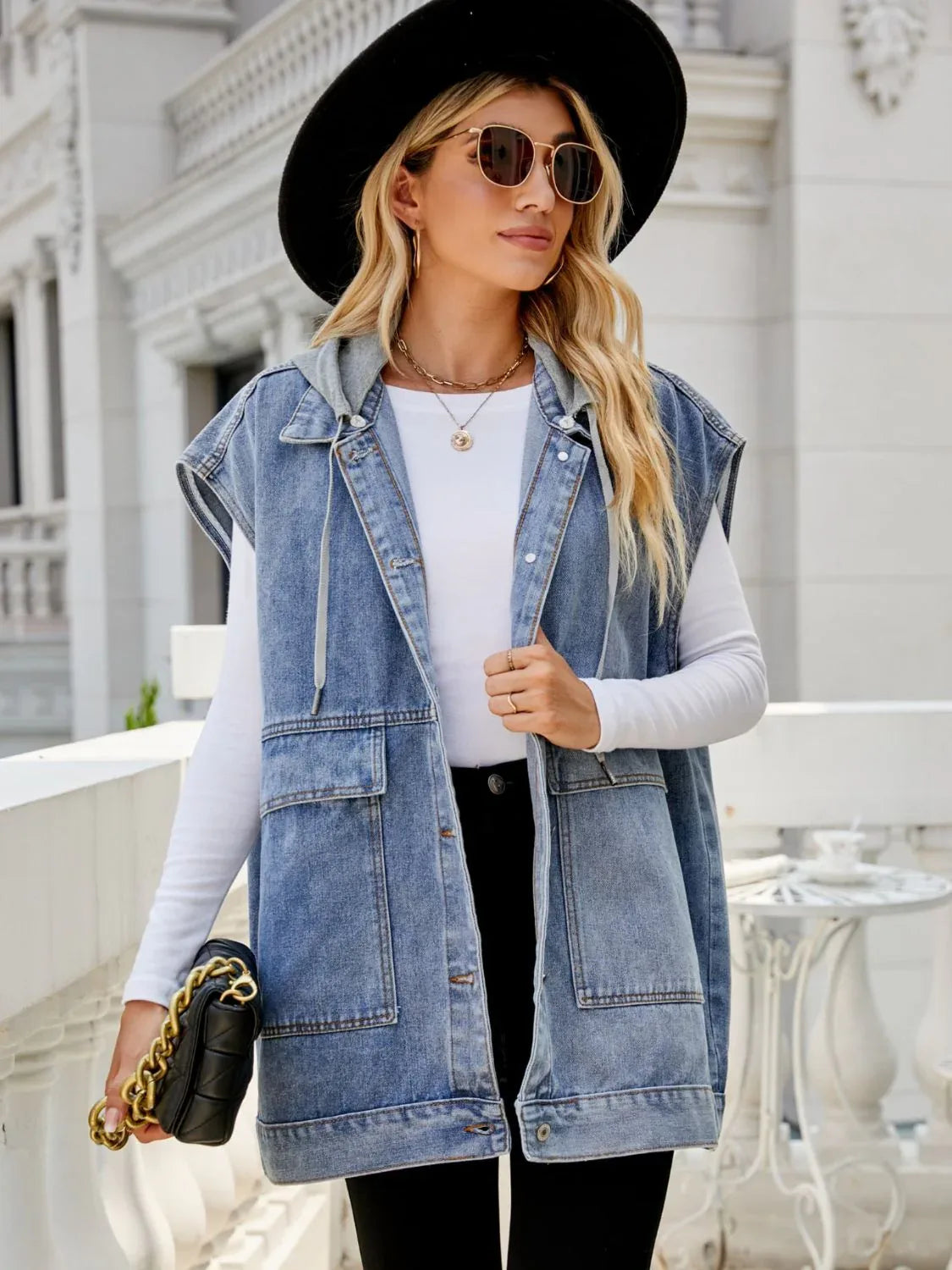 Hooded Sleeveless Denim Top with Pockets - Makw Official Site