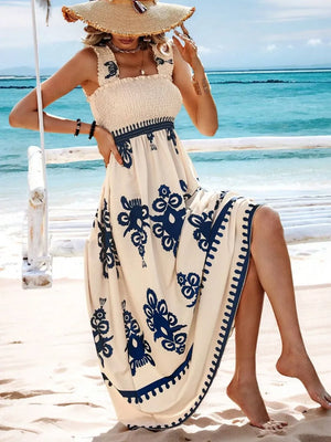 Smocked Printed Wide Strap Maxi Dress - Makw Official Site