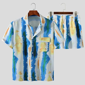 Men's Full Size Printed Button Up Short Sleeve Shirt and Shorts Plus Size - Makw Official Site