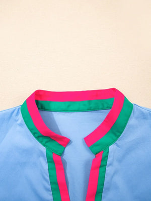 Contrast Trim Notched Short Sleeve Blouse - Makw Official Site