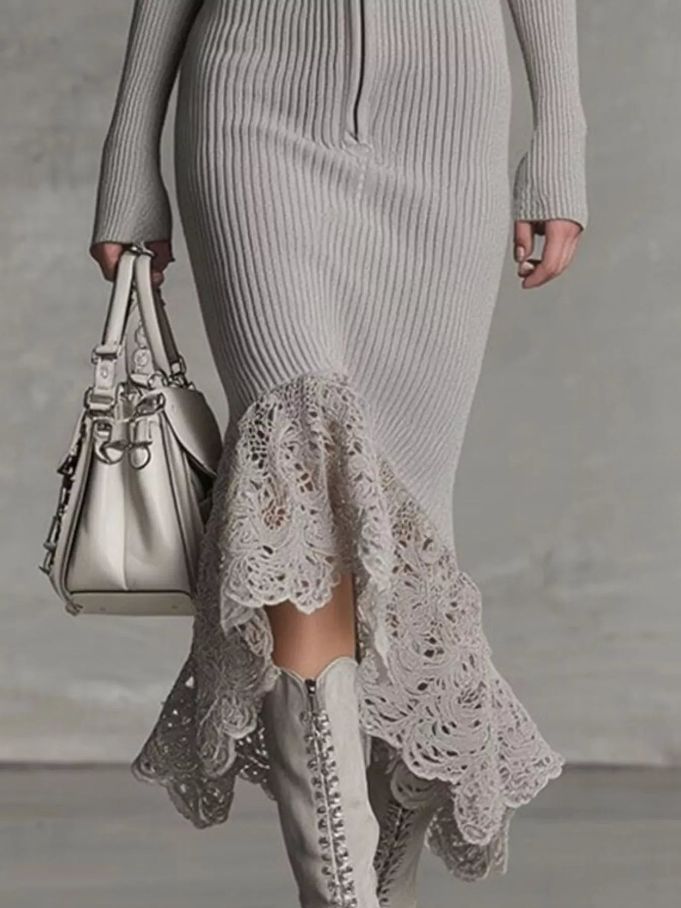 Hooded Ribbed Knit Lace Hem Midi Dress - Makw Official Site