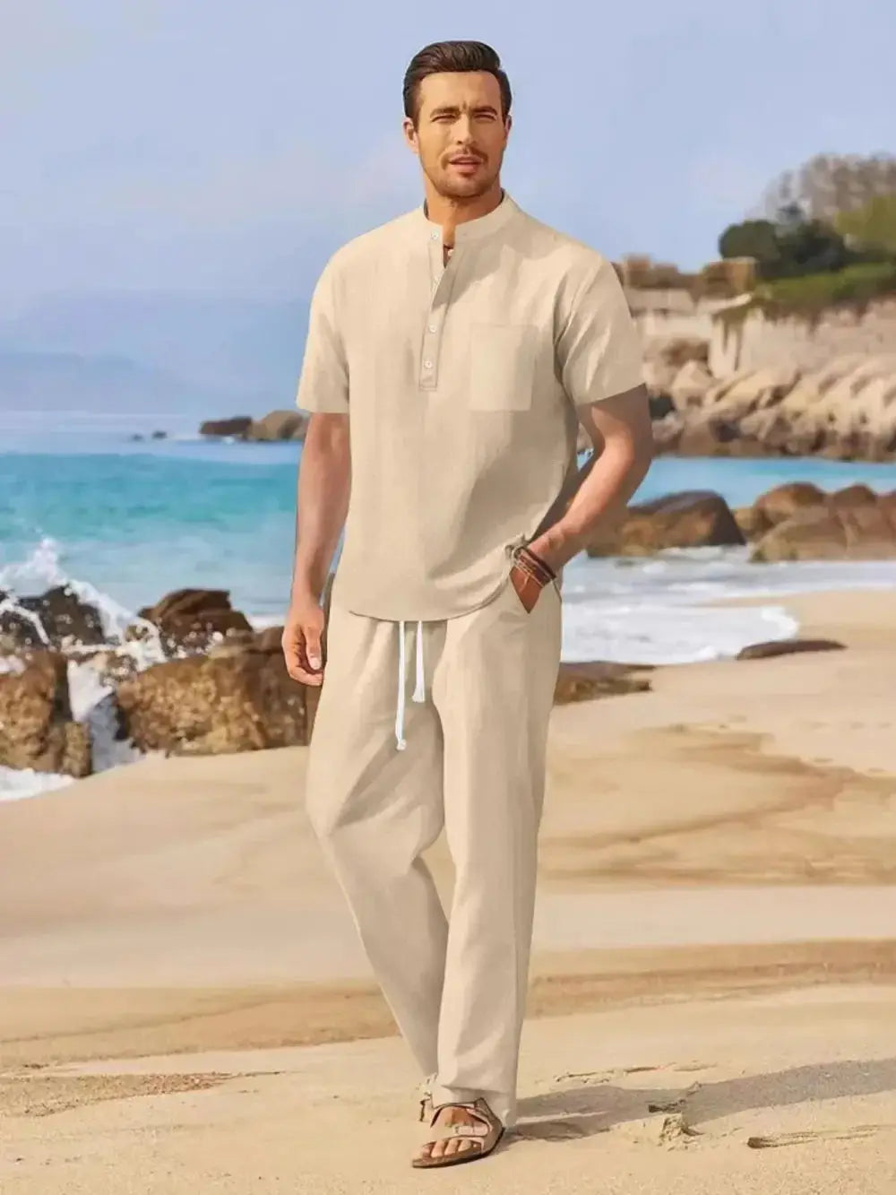 Men's Full Size Half Button Top and Drawstring Pants Set Plus Size - Makw Official Site