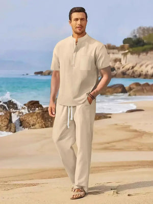 Men's Full Size Half Button Top and Drawstring Pants Set Plus Size - Makw Official Site