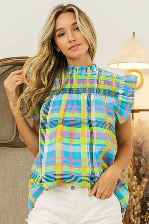 BiBi Multi Color Check Plaid Woven Top - Makw Official Site