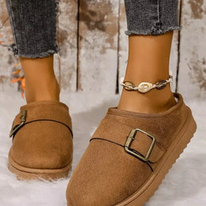Buckle Decor Plush Lined Warm Slippers - Makw Official Site