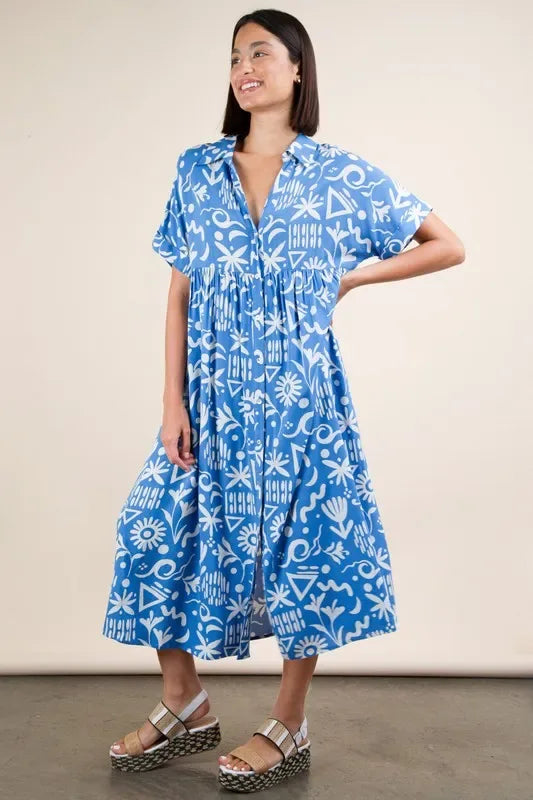 VERY J Plus Size Oversized Printed Shirt Midi Dress - Makw Official Site