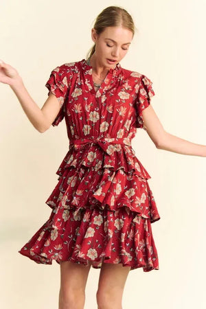 Davi & Dani Ruffle Flutter Sleeve Tie Belt Tiered Mini Dress - Makw Official Site