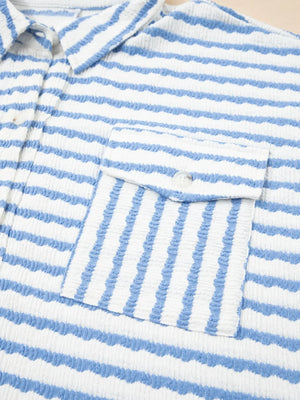 Stripe Half Button Collared Chest Pockets Loose Fit Blouse - Makw Official Site