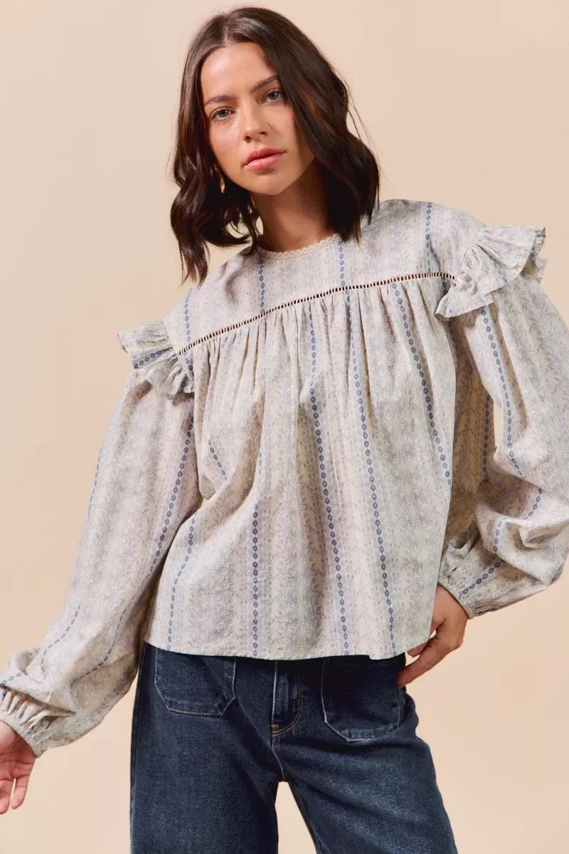 SO ME Floral Cotton Print Ruffled Long Sleeve Blouse - Makw Official Site