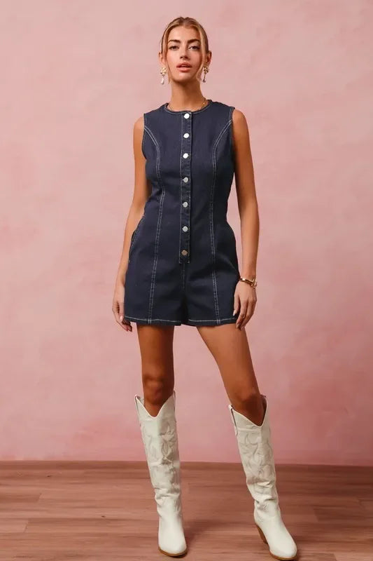 SO ME Button Up Front Washed Denim Sleeveless Romper - Makw Official Site