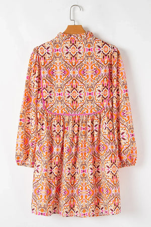 Printed Tie Neck Long Sleeve Mini Dress - Makw Official Site