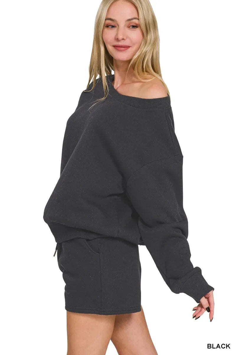 Zenana Fleece Boat Neck Sweatshirt and Shorts Set - Makw Official Site