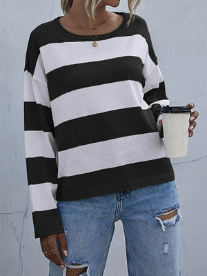 Striped Casual Long Sleeve Knit Top - Makw Official Site