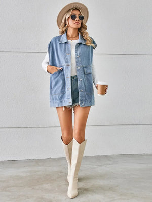 Pocketed Button Up Sleeveless Denim Jacket - Makw Official Site