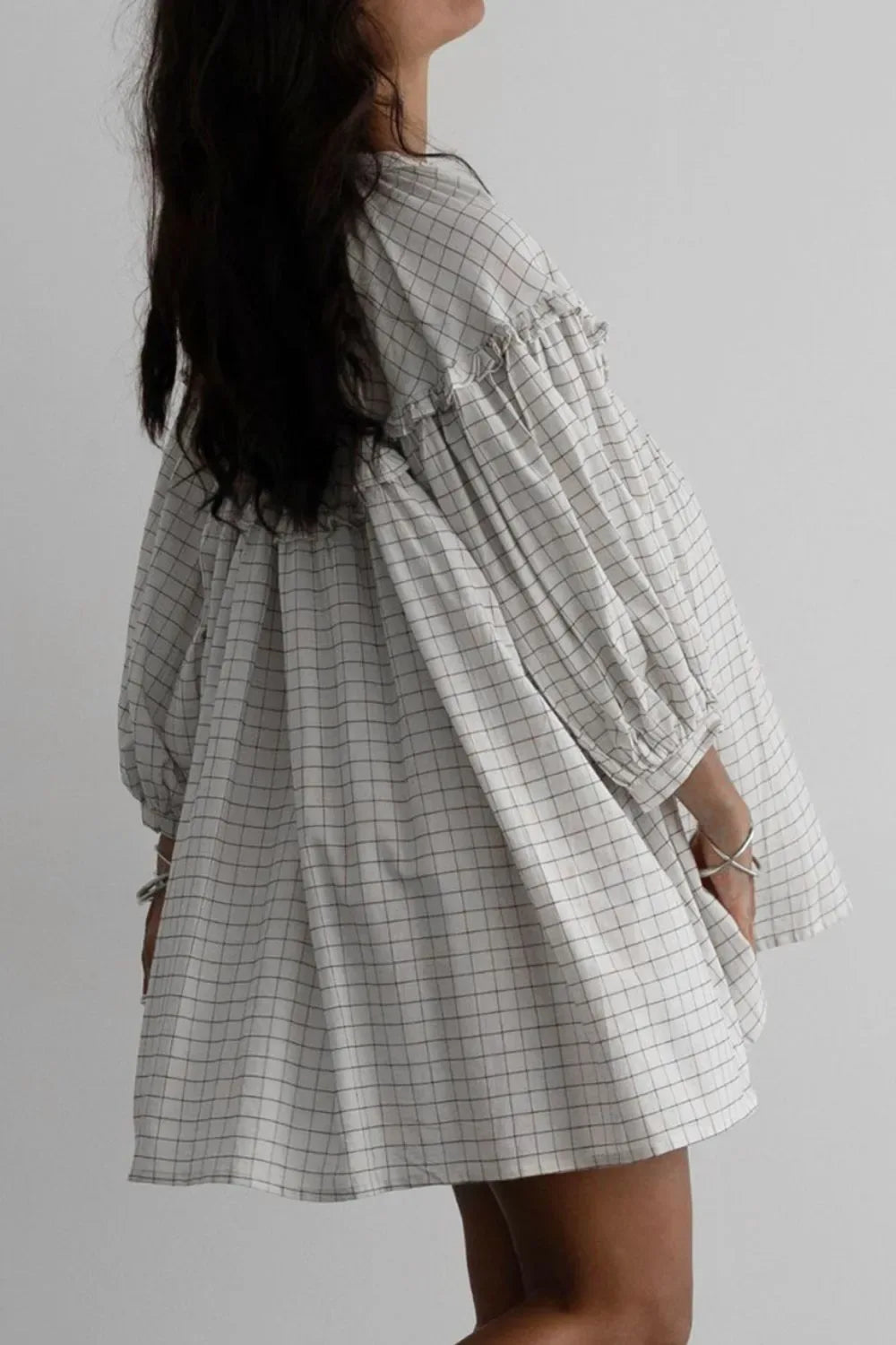 Frill Plaid Notched Balloon Sleeve Mini Dress - Makw Official Site