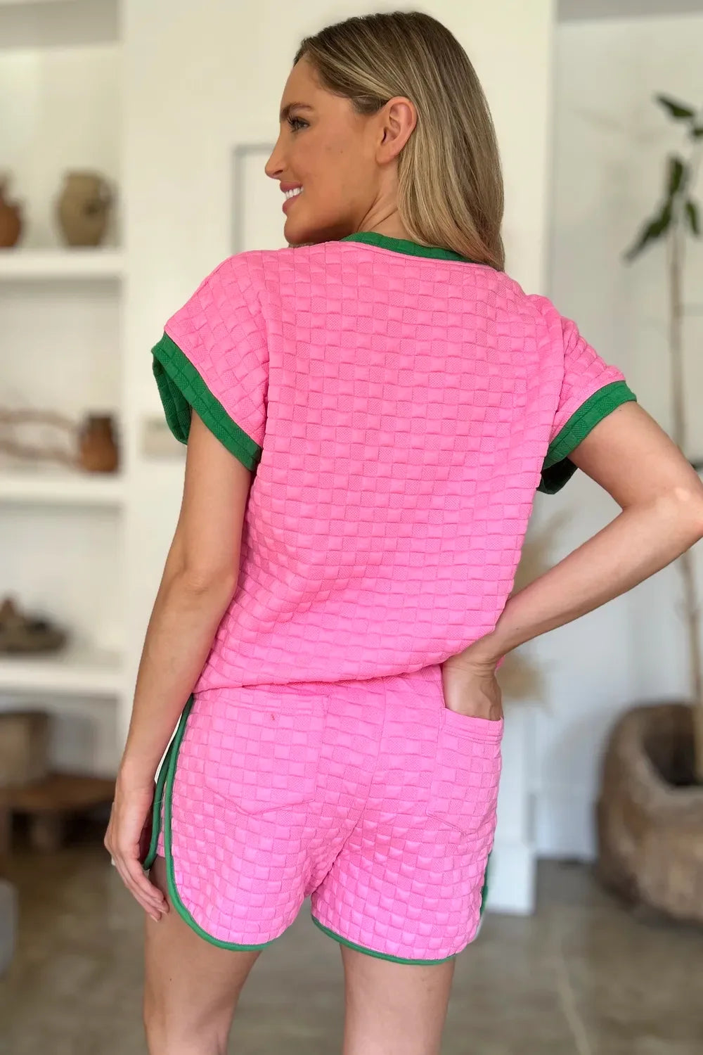 Double Take Full Size Texture Contrast T-Shirt and Shorts Set - Makw Official Site