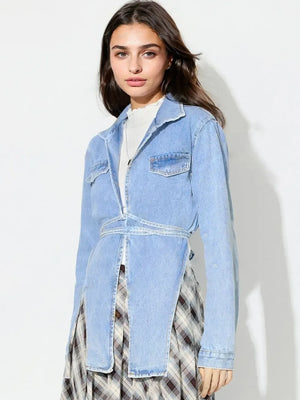 Asymmetric Slit Collared Neck Long Denim Top - Makw Official Site