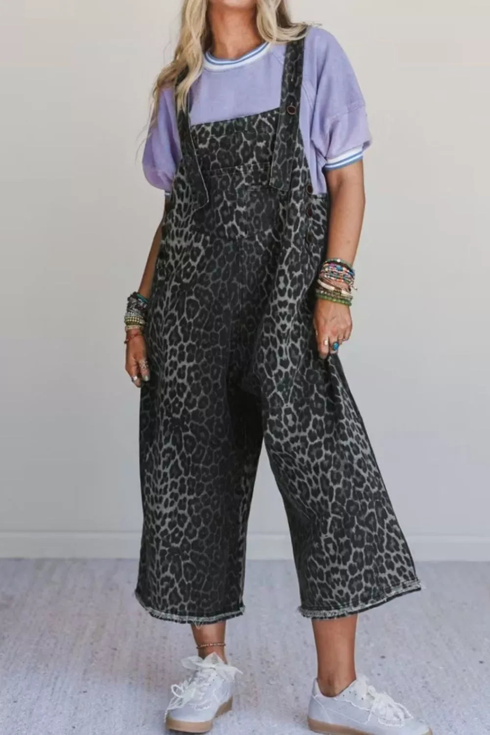 Leopard Print Button Adjustable Straps Cropped Loose Denim Overalls - Makw Official Site