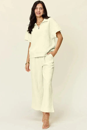 Double Take Full Size Texture Half Zip Short Sleeve Top and Pants Set - Makw Official Site