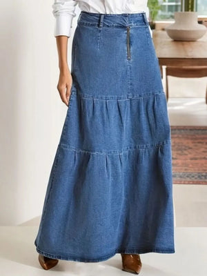 Tiered Maxi Denim Skirt with Zipper Detail - Makw Official Site