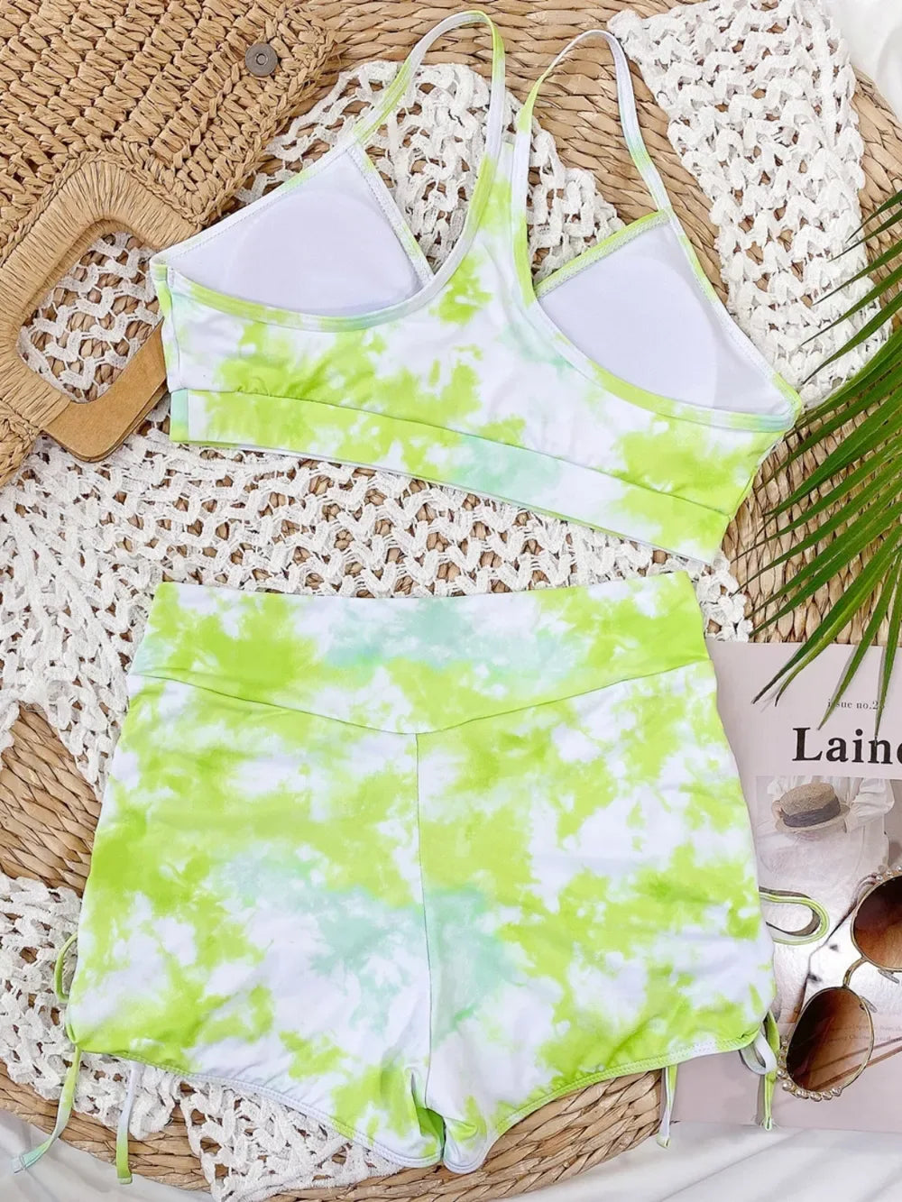 Tie-Dye Spaghetti Strap Top and Drawstring Shorts Swim Set - Makw Official Site