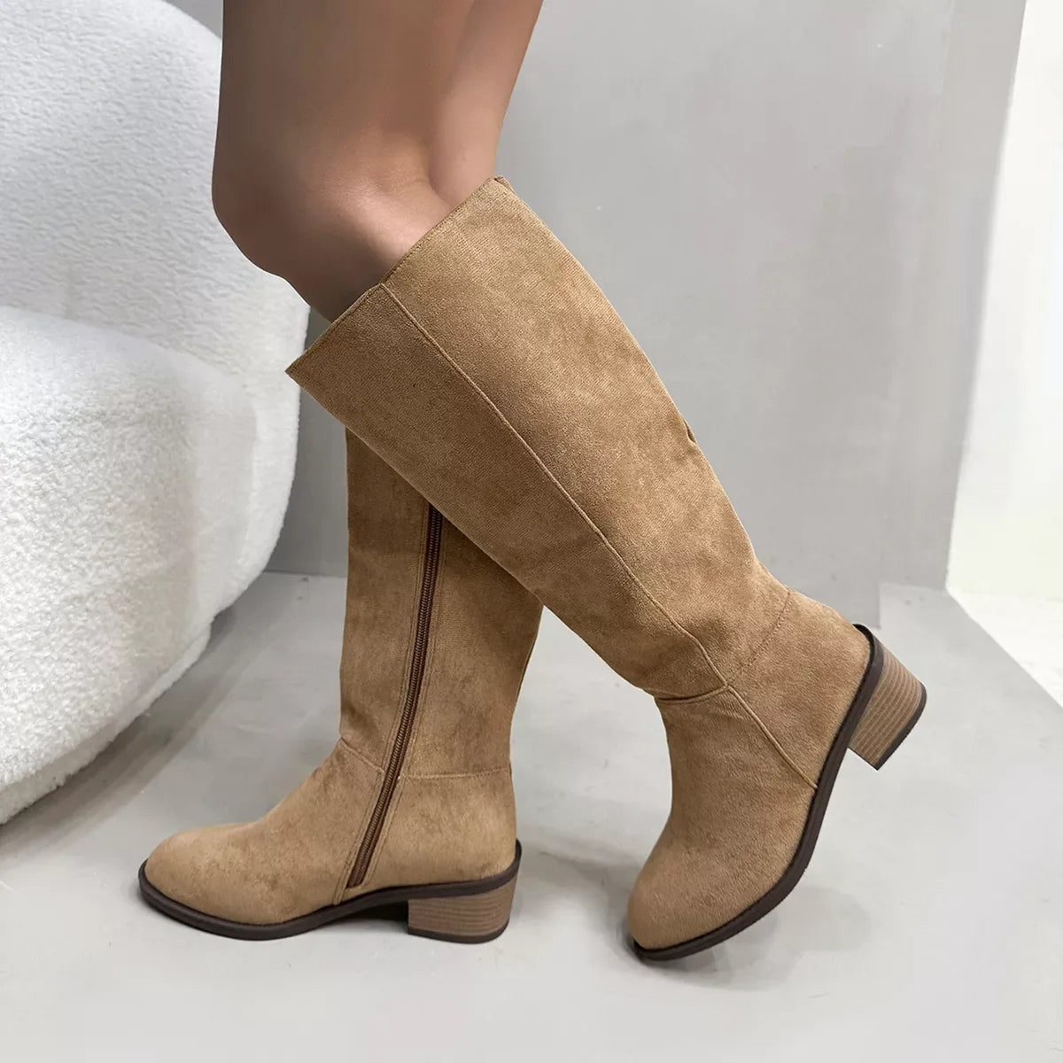 Side Zipper Closure Suede Knee-High Boots - Makw Official Site