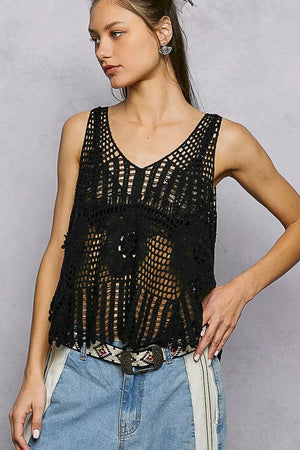 POL Openwork V-Neck Crochet Tank - Makw Official Site