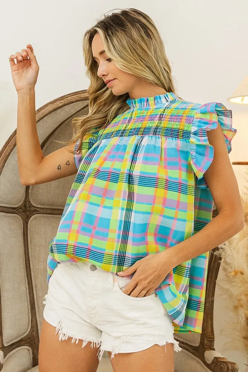 BiBi Multi Color Check Plaid Woven Top - Makw Official Site