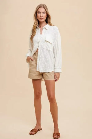 Annie Wear Openwork Button Down Drop Shoulder Shirt - Makw Official Site