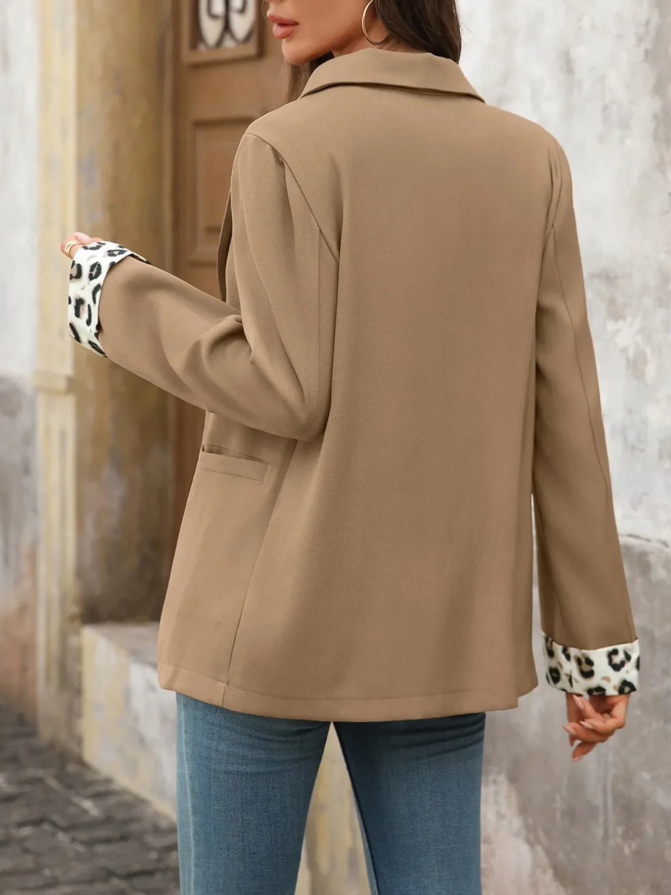 Lapel Collar Leopard Cuff Long Sleeve Blazer - Makw Official Site