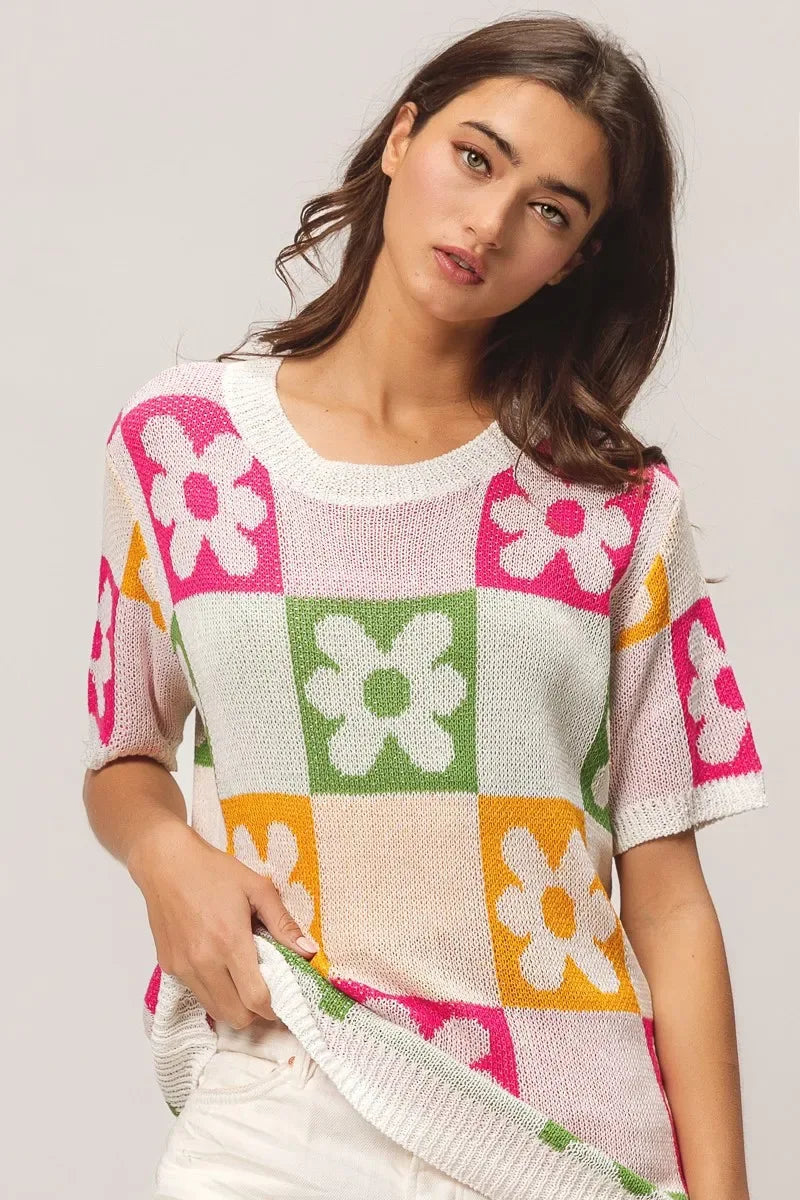 BiBi Flower Checker Pattern Lightweight Sweater Top - Makw Official Site