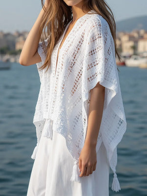 Openwork Tassel Open Front Knit Cover Up - Makw Official Site
