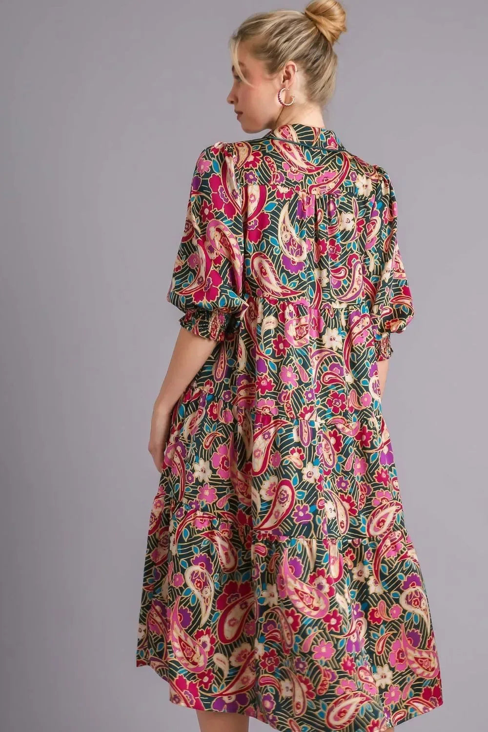 Umgee Full Size Paisley Print Satin Tiered Midi Dress Plus Size - Makw Official Site