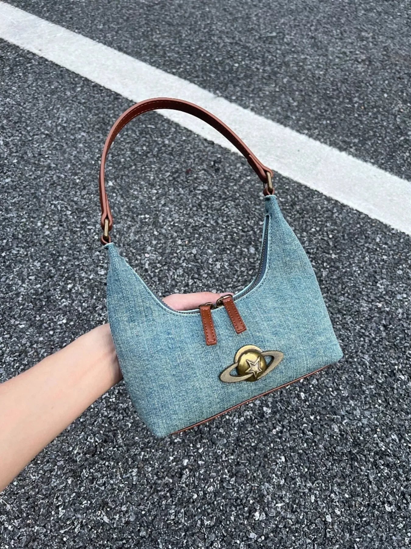 Denim Planet Decor Shoulder Bag - Makw Official Site