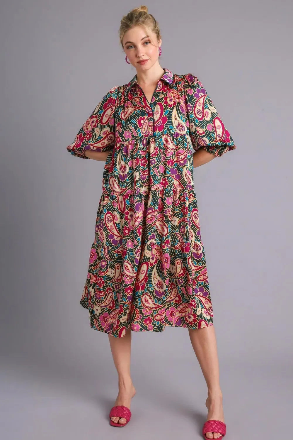 Umgee Full Size Paisley Print Satin Tiered Midi Dress Plus Size - Makw Official Site